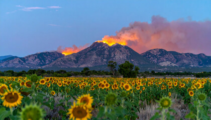 Fototapeta premium Wildfire burning on mountain ridge with smoke rising above, vibrant sunflower field in foreground under clear blue sky