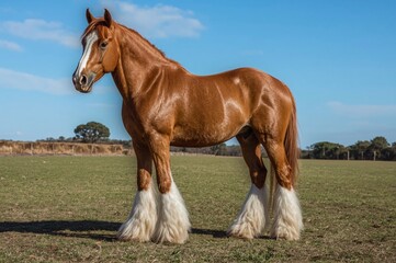 Chestnut draft horse, field, sunny day, farm background, equine