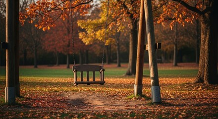 An empty wooden swing hangs in a park during autumn, surrounded by fallen leaves and trees with colorful foliage, evoking a sense of nostalgia