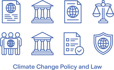 Climate Change Policy and Law in Blue Line Icon Style on a White Background