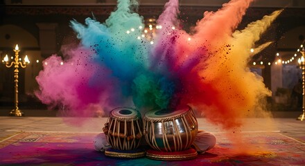 Vivid bursts of multicolored powder erupt around a pair of traditional Indian tabla drums, set indoors with warm lighting, blending music, color, and cultural artistry in a captivating visual display.