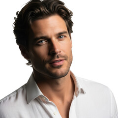 Obraz premium Close-up portrait of a confident man with dark wavy hair and expressive eyes transparent background