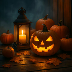 Festive Halloween still life with carved pumpkins and a burning lantern surrounded by autumn leaves, evoking warmth and seasonal charm.