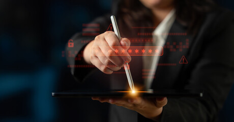 Password security breach warning with red asterisk box, cybersecurity alert, lock icons, and critical vulnerability signals in digital system access Latch