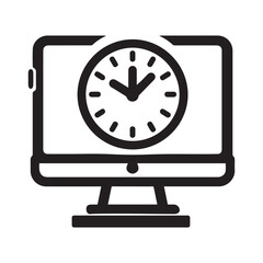 Desktop Monitor with Clock Icon Vector Black and White