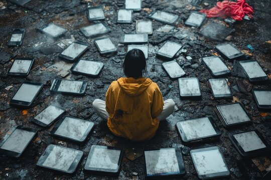 Person sitting on the ground surrounded by many electronic devices