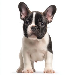 A cute French Bulldog puppy, with a black and white coat, is sitting and staring directly towards the camera, head-on. The puppy has upright ears and a charming expression