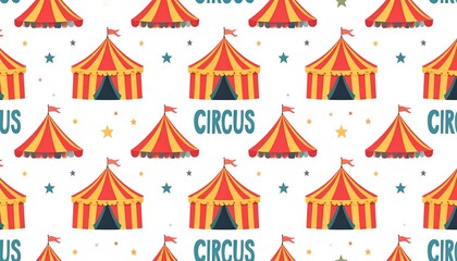 Obraz premium Cheerful circus tent pattern with vibrant colors and stars on a white background.