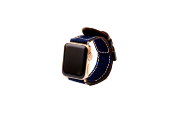 Smartwatch with blue fabric and leather strap isolated on a transparent background