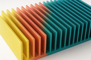 Anodized Aluminum Heatsink Fins in Teal, Orange, and Yellow Gradient
