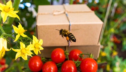 A bee hovers near a stack of brown cardboard boxes surrounded by vibrant yellow flowers and clusters of ripe red tomatoes, showcasing a harmonious connection between nature and agriculture.