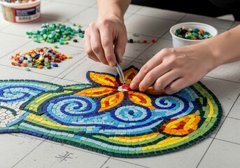 Closeup of hands creating a colorful mosaic artwork with small glass tiles, showcasing the intricate crafting process