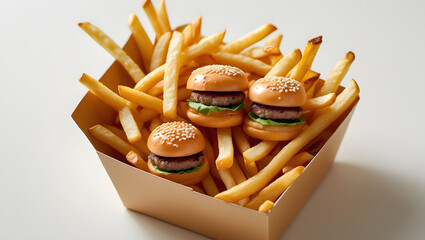 Box of French fries with tiny burgers tucked inside, flat minimal vector illustration, creative fast food concept isolated on white background