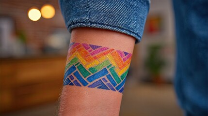 A close-up, macro shot of a wrist featuring a vibrant, geometric tattoo band that wraps around the arm, designed in a stylized rainbow pattern.