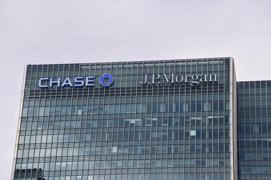 General view of the sign at JP Morgan Chase headquarters in Canary Wharf, on August 23 2025 in London, UK