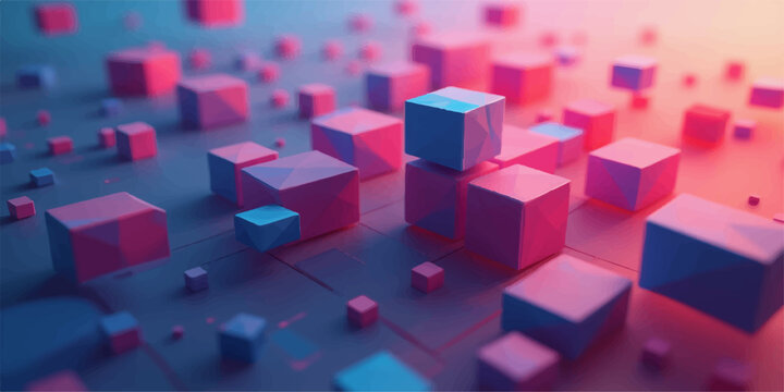 Abstract, colorful cubes and blocks in a dynamic 3D puzzle design symbolize a concept of business success and solutions