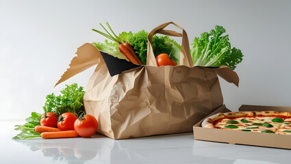 Brown paper delivery bag with fresh vegetables and pizza box inside, isolated on white background, eco-friendly grocery and food takeaway concept