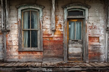 Weathered Facade of an Abandoned House with Old Glass Windows and Creepy Architectural Details