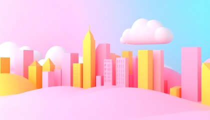 Pastel-toned cityscape, featuring geometric buildings and a soft cloud, presented in a vibrant, whimsical style.