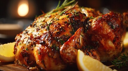 Roasted chicken glistens with herbs and lemon. Food photography, recipe blog, menu design, culinary editorial use.