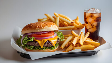 Burger, fries, and soda neatly arranged in a takeaway tray, fast food combo meal isolated on white background for delivery, restaurant, and design