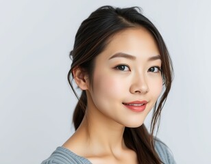 Naklejka premium Portrait of an asian woman with dark hair pulled back smiling slightly at the camera view