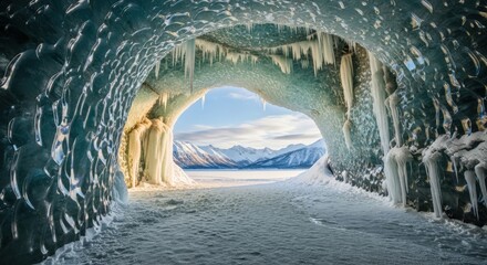 View of majestic snowcapped mountains and a frozen lake through a natural ice cave tunnel with icicles hanging from the ceiling