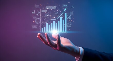 Futuristic Holographic Data Visualization in Hand with Charts and Graphs
