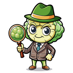 Cartoon cauliflower detective examining seeds with a magnifying glass