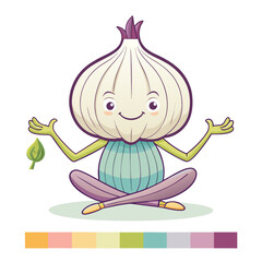 Cute cartoon garlic character meditating peacefully