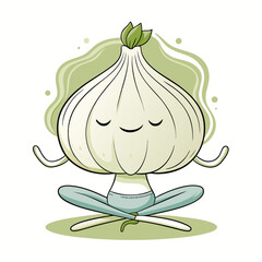 Cute cartoon garlic character meditating in lotus pose