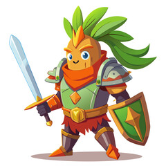 Cute cartoon carrot knight in armor holding a sword and shield