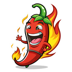Happy cartoon chili pepper character on fire