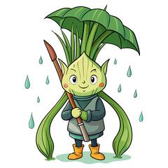 Cute green creature with leaves for hair and umbrella holding a stick