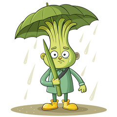 Sad celery character holding umbrella in the rain