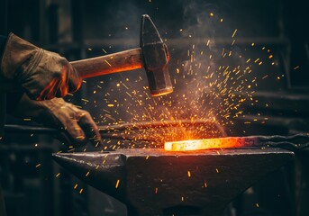 Skilled blacksmith hammering glowing hot metal on an anvil, creating dazzling sparks during traditional forging process