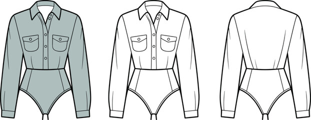 Cad drawing flat vector illustration, women's long sleeve shirt bodysuit design, fashion technical sketch, front and back view, collar detail template
