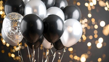 A cluster of black and silver balloons against a bokeh background
