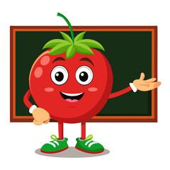 Happy cartoon tomato character standing in front of a blackboard