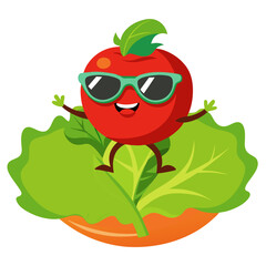 Happy cartoon tomato wearing sunglasses sitting on lettuce