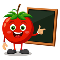 Happy cartoon tomato character pointing to a blank blackboard