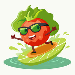Cartoon tomato wearing sunglasses surfs on a lettuce leaf