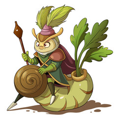 Cute cartoon snail warrior riding a turnip with a spear and shield