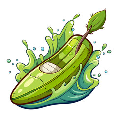 Green kayak surfing a water splash with a leaf