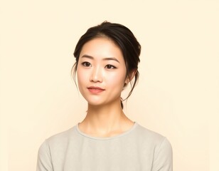 Portrait of a young asian woman with dark hair pulled back wearing a gray shirt looking left