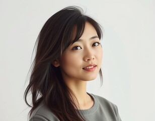 Portrait of a young asian woman with dark hair smiling against a white background