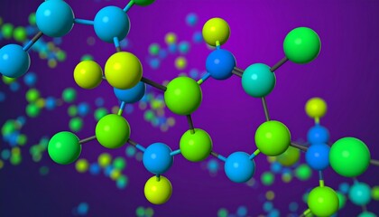 Colorful molecular structure depiction against purple background for scientific concepts