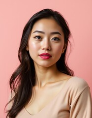 Portrait of a young asian woman with long dark hair and pink lipstick on a pink background