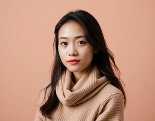Portrait of a young asian woman with long dark hair wearing a beige turtleneck sweater