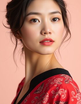 Portrait of a young asian woman with red floral top and neutral background looking forward